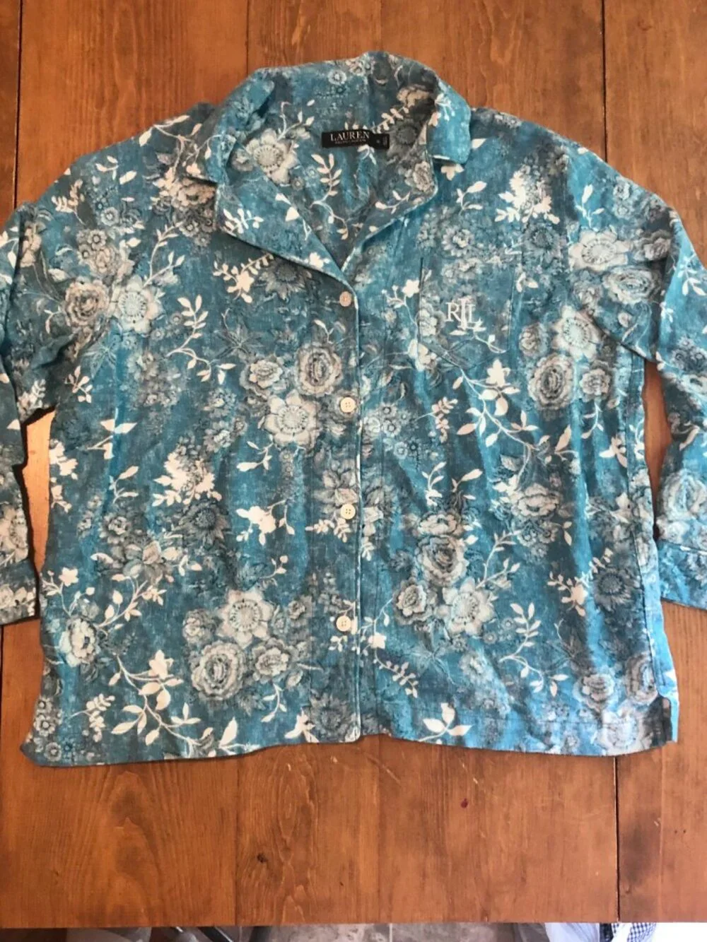 Lauren Ralph Lauren Casual Pajama Top Blue Floral Size Extra Large Button Down
